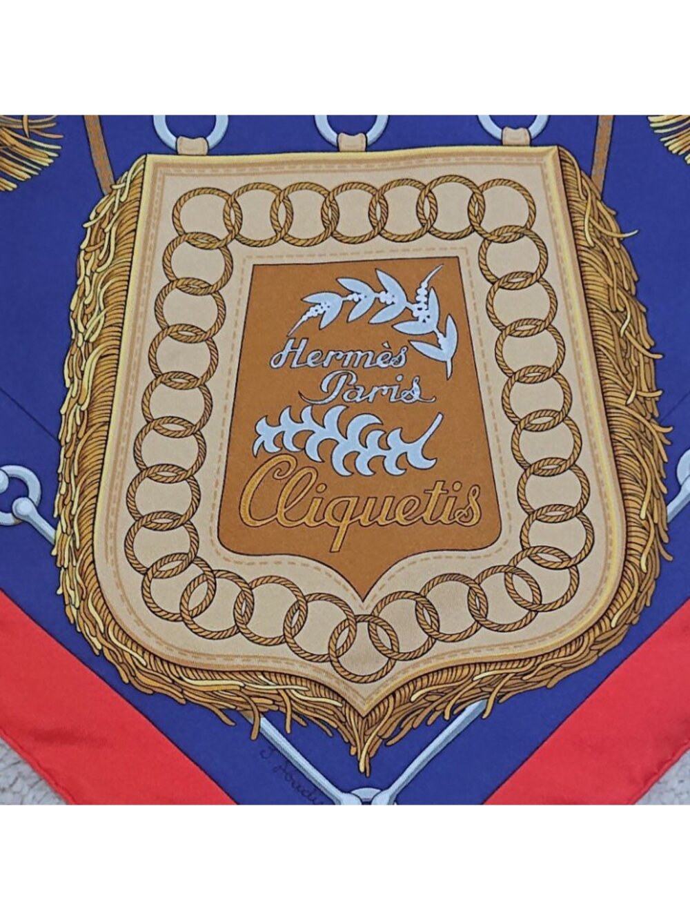 Hermes Carre 90 Cliquetis Silk Scarf Red Navy Gold - Picture 6 of 16